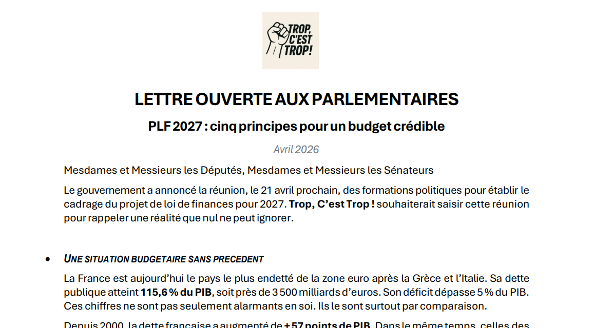 Lettre ouverte aux parlementaires – PLF 2027 : cinq principes pour un budget crédible