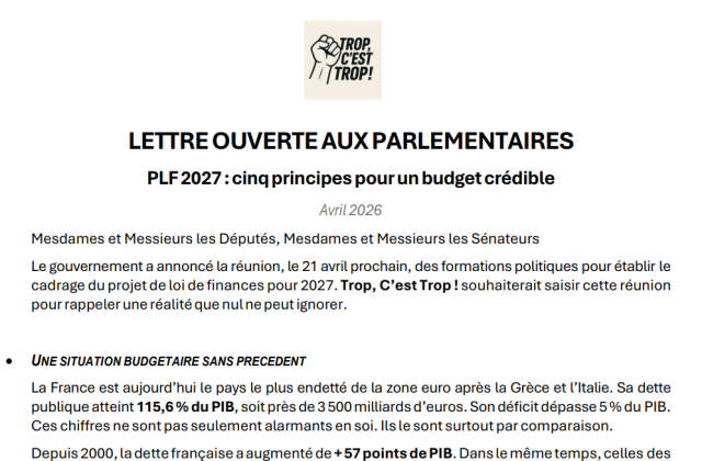 Lettre ouverte aux parlementaires – PLF 2027 : cinq principes pour un budget crédible